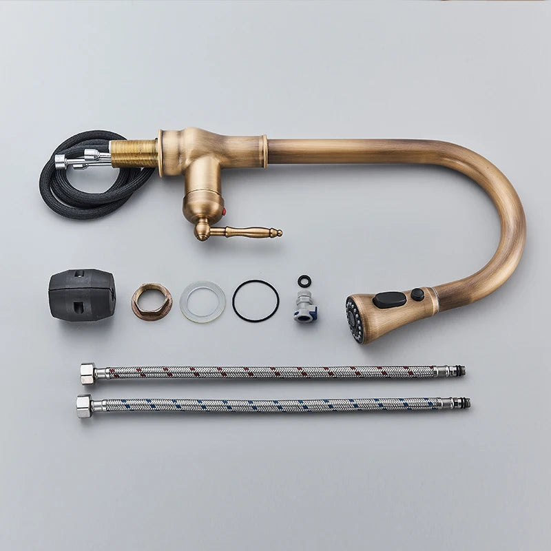 Antique Brass Kitchen Faucet Pull Out Kitchen Sink Faucet Single Handle Faucet 360 Rotate Kitchen Tap Hot Cold Water Mixer Crane