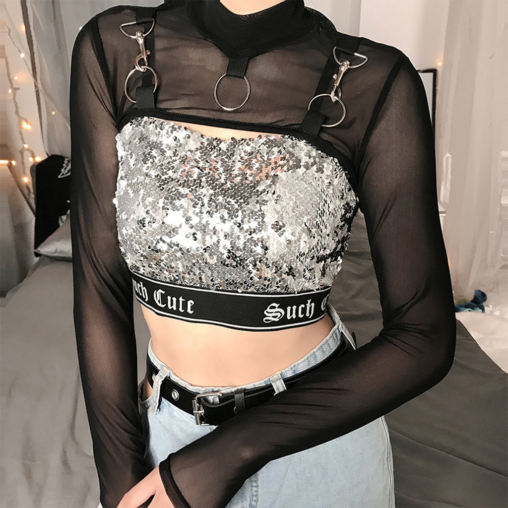 Summer Sexy Mesh See Through T-Shirts Black O-Neck Long Sleeve  Turtleneck Sheer Transparent Short Crop Tops Sexy Club Party Top