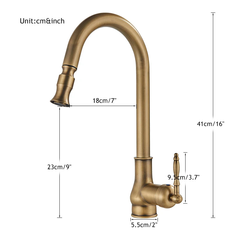 Antique Brass Kitchen Faucet Pull Out Kitchen Sink Faucet Single Handle Faucet 360 Rotate Kitchen Tap Hot Cold Water Mixer Crane