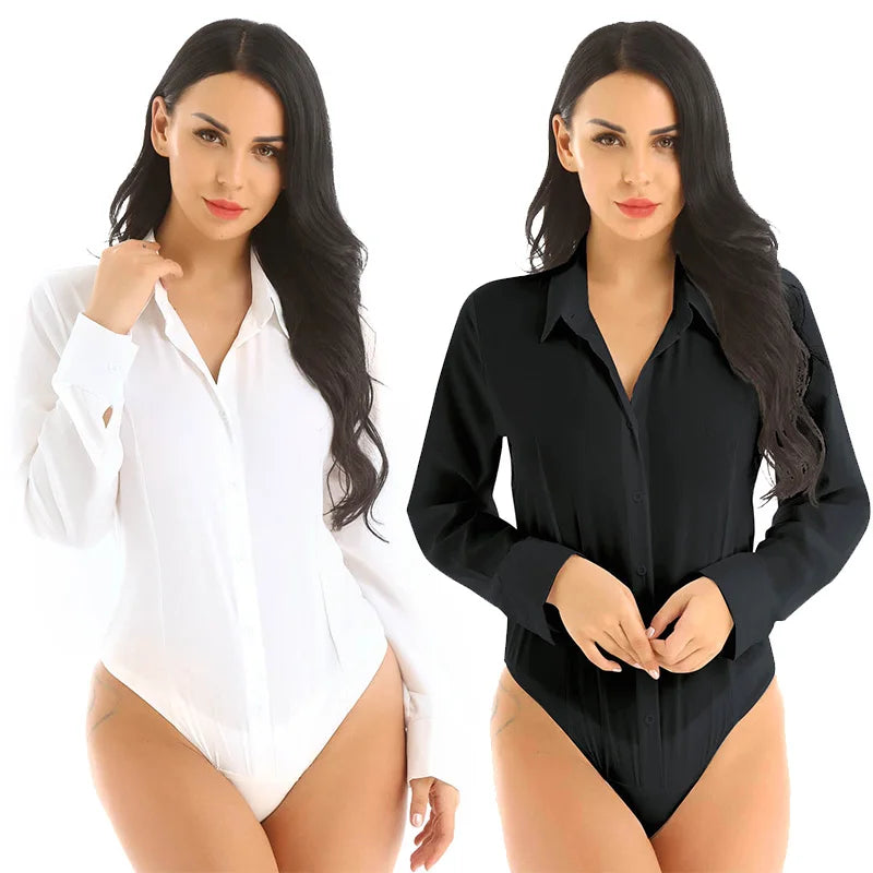 Women Office Lady Work White Bodysuit Long Sleeve OL Shirt Leotard Women's Clothing Female Turn Down Collar Tops Body Blouse