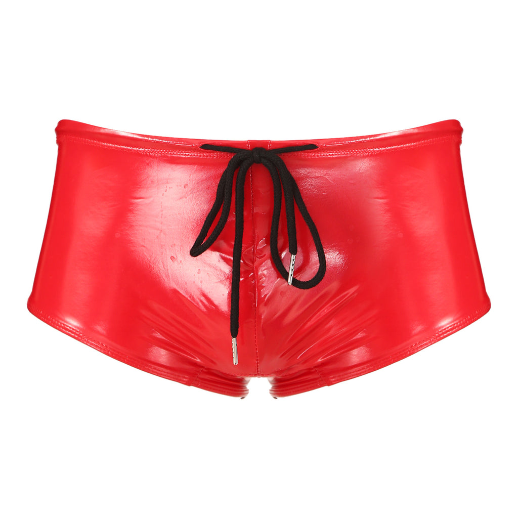 Men Swimming Trunks Wet Look Patent Leather Shorts Short Pants Low Rise Drawstring Boxer Shorts Beach Swimwear Party Clubwear