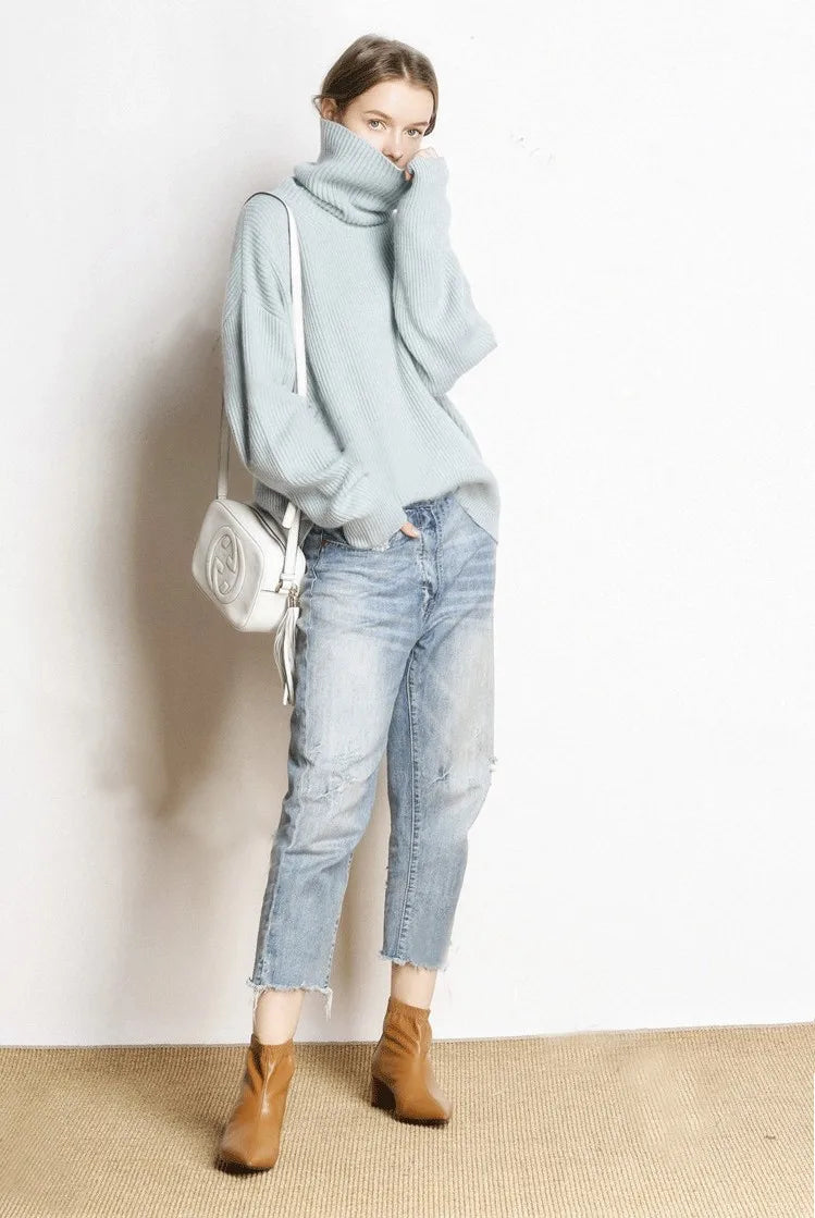 DY Wool Women's Sweater Autumn Winter Warm Turtlenecks Casual Loose Oversized Lady Sweaters Knitted Pullover Top Pull Femme