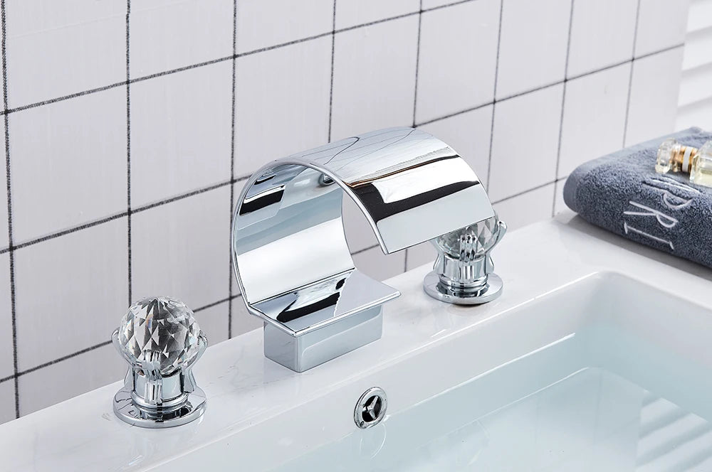 Wanmivezlo Waterfall Bathroom Basin Faucet Deck Mounted Cold Hot Water Mixer Single Hole Water Tap 3 Holes Washing Tap