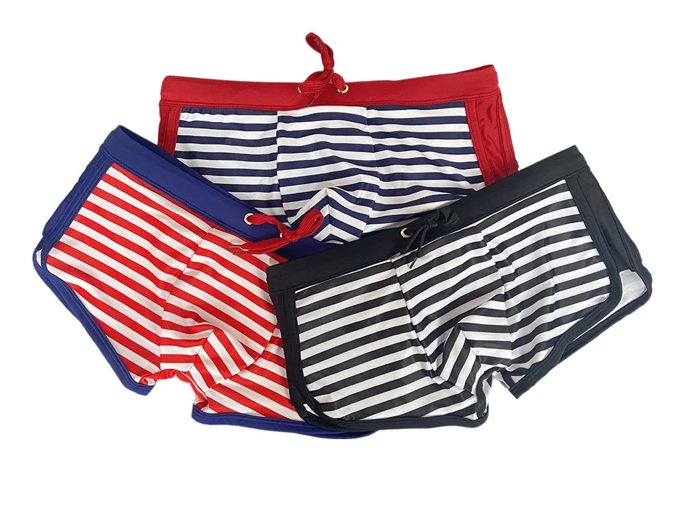 Sexy Mens Swimming Trunks Low Waist Pouch Striped Swimsuit Fashion Male Side Split Bathing Suit Sport Beach Surfing Board Shorts