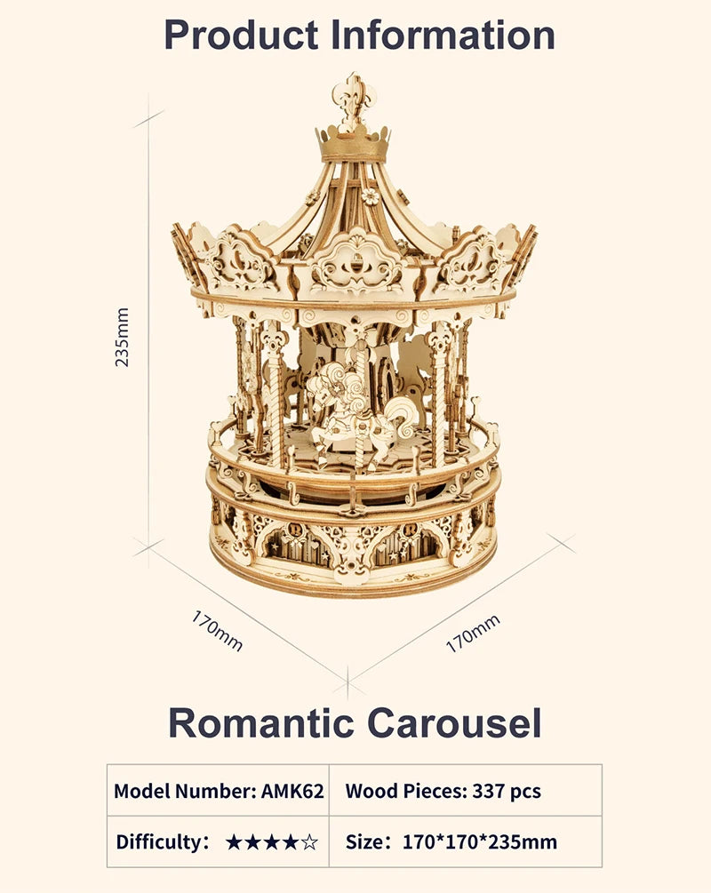 Robotime 3D Wooden Puzzle 336pcs Rotatable DIY Romantic Carousel Game Gift for Children Kids Adult AMK62 Assembly Music Box Toy
