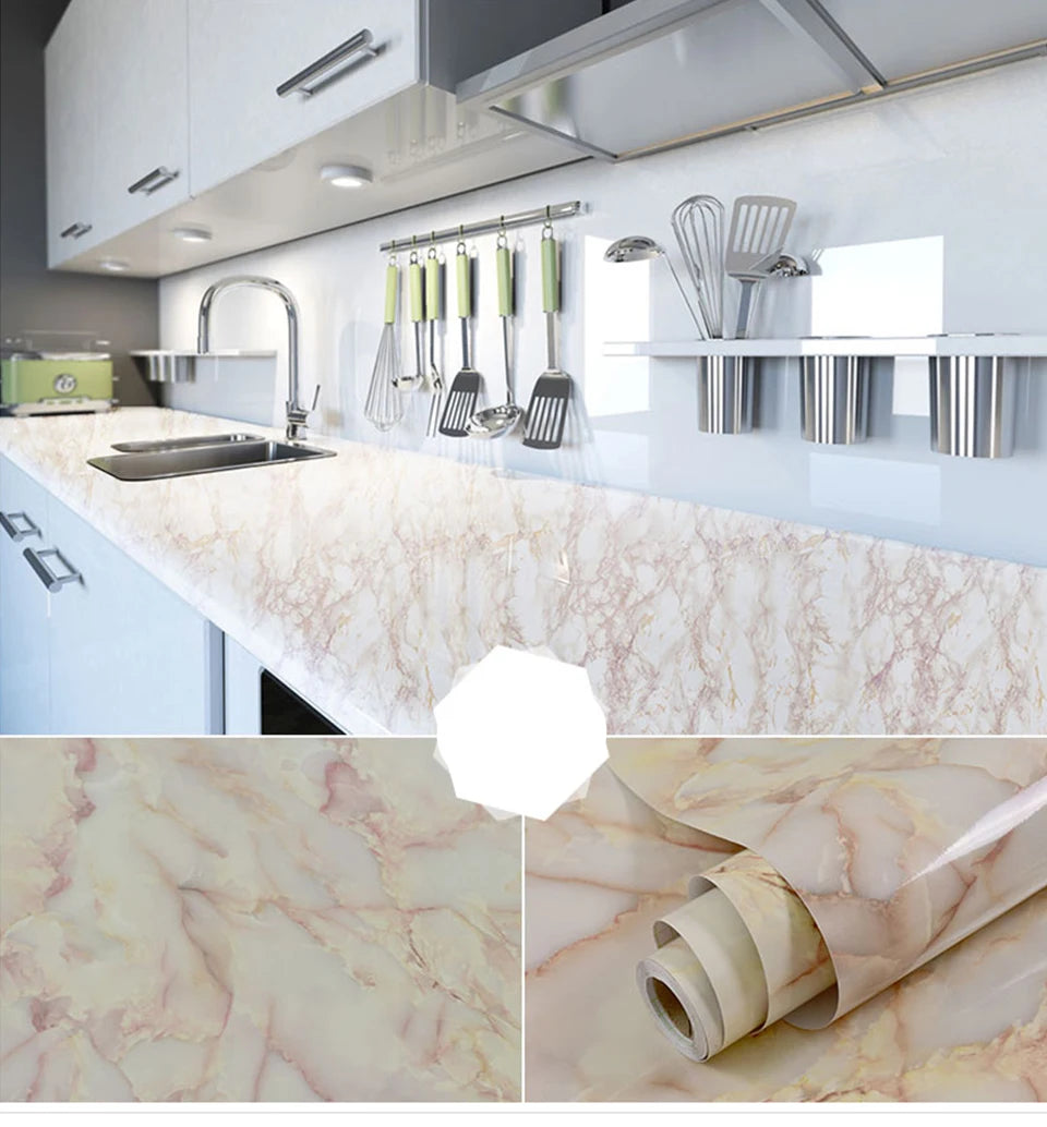 DIY Contact Paper Kitchen Stickers Solid Color PVC Self-adhesive  Home Decorative Marble Wallpaper Living room Study Furnitures
