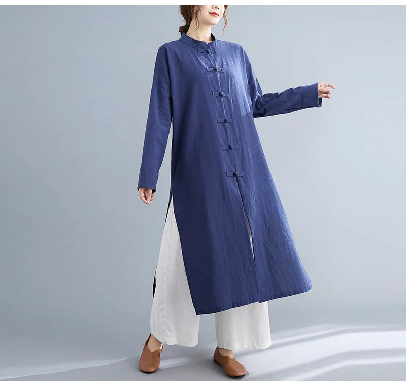 Traditional Chinese Clothing for Women Spring Autumn Cotton Long Sleeve Single-breasted Loose Top Meditation Tea Clothes