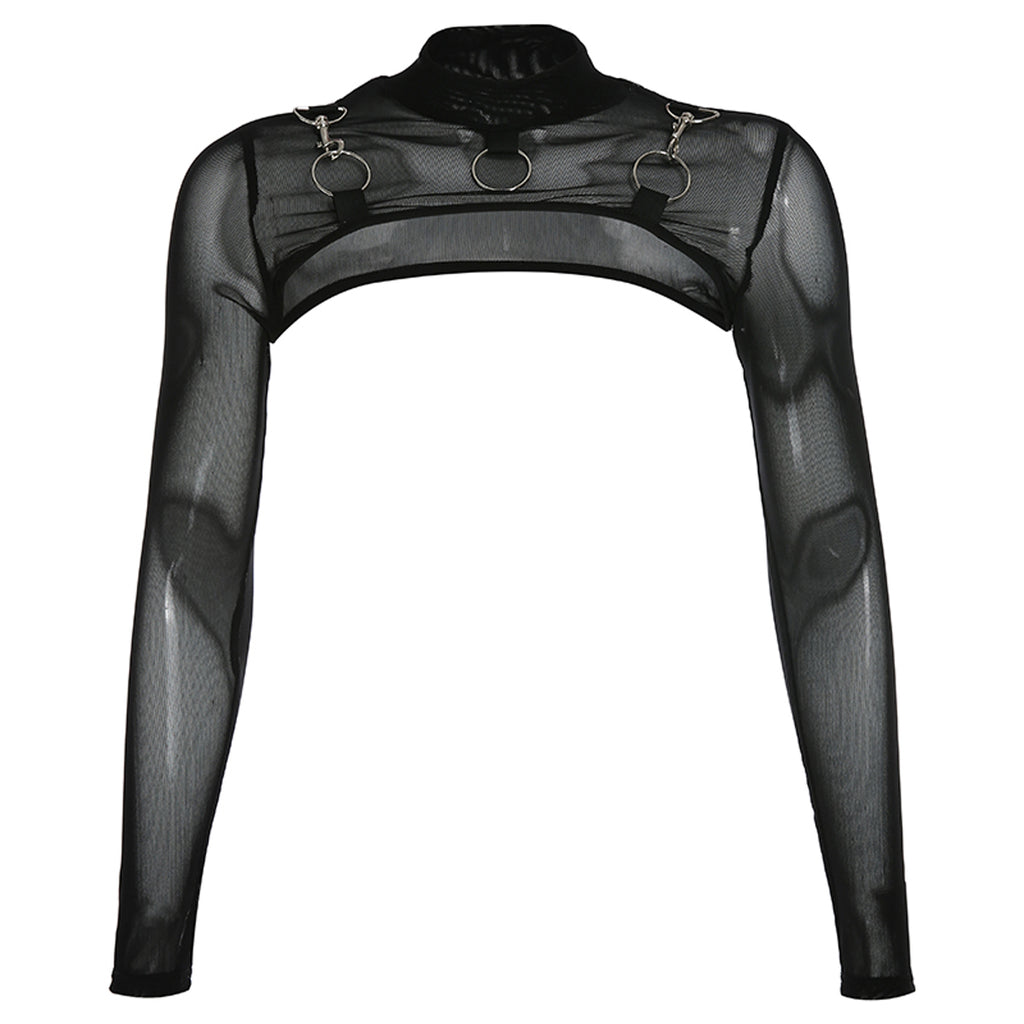 Summer Sexy Mesh See Through T-Shirts Black O-Neck Long Sleeve  Turtleneck Sheer Transparent Short Crop Tops Sexy Club Party Top
