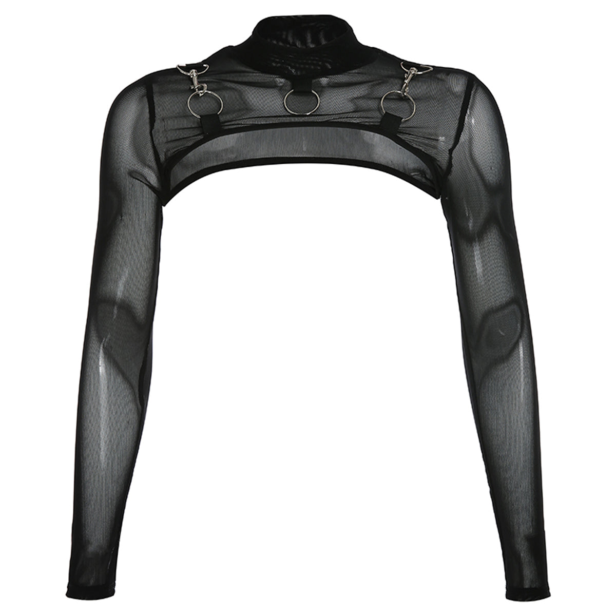 Summer Sexy Mesh See Through T-Shirts Black O-Neck Long Sleeve  Turtleneck Sheer Transparent Short Crop Tops Sexy Club Party Top