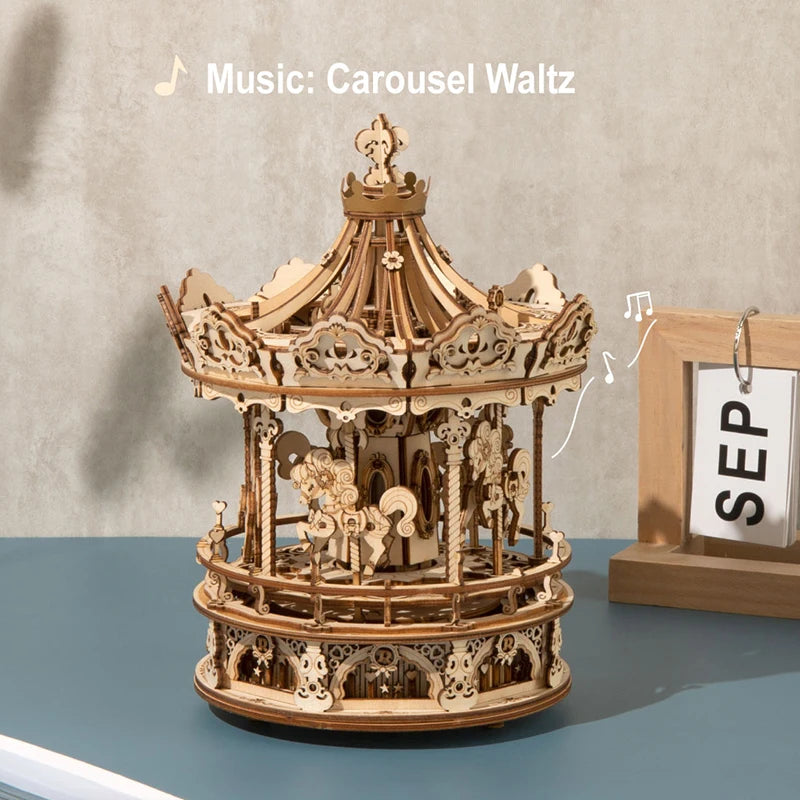 Robotime 3D Wooden Puzzle 336pcs Rotatable DIY Romantic Carousel Game Gift for Children Kids Adult AMK62 Assembly Music Box Toy