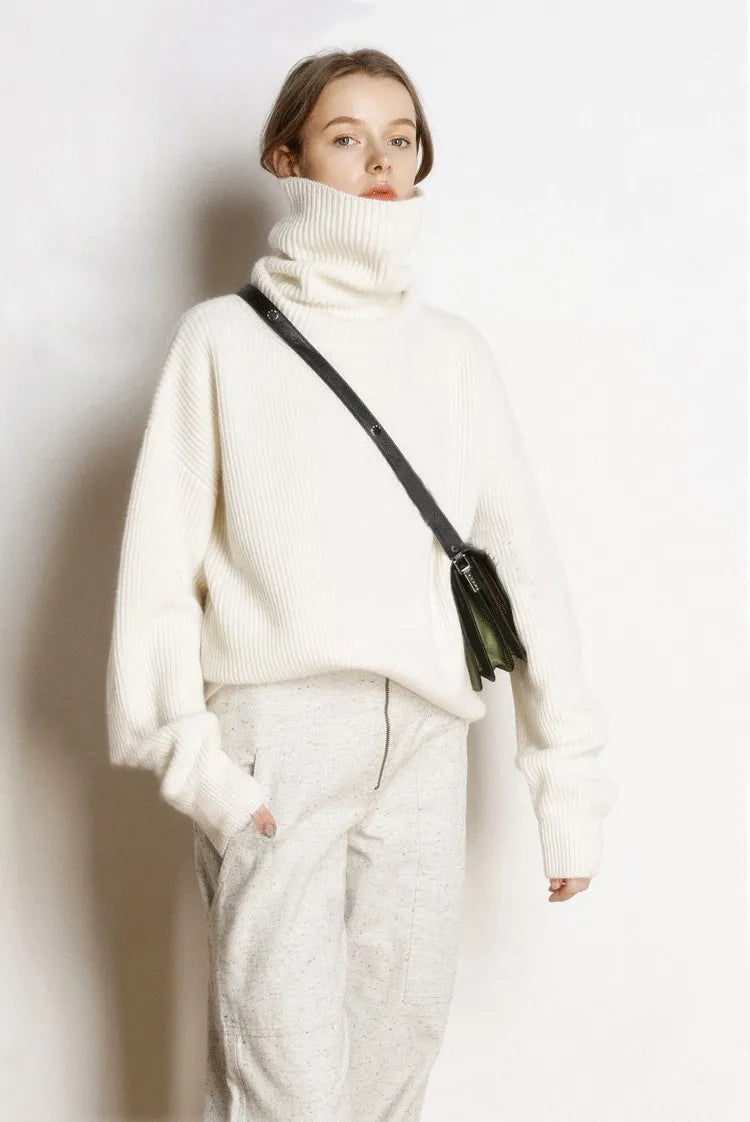 DY Wool Women's Sweater Autumn Winter Warm Turtlenecks Casual Loose Oversized Lady Sweaters Knitted Pullover Top Pull Femme