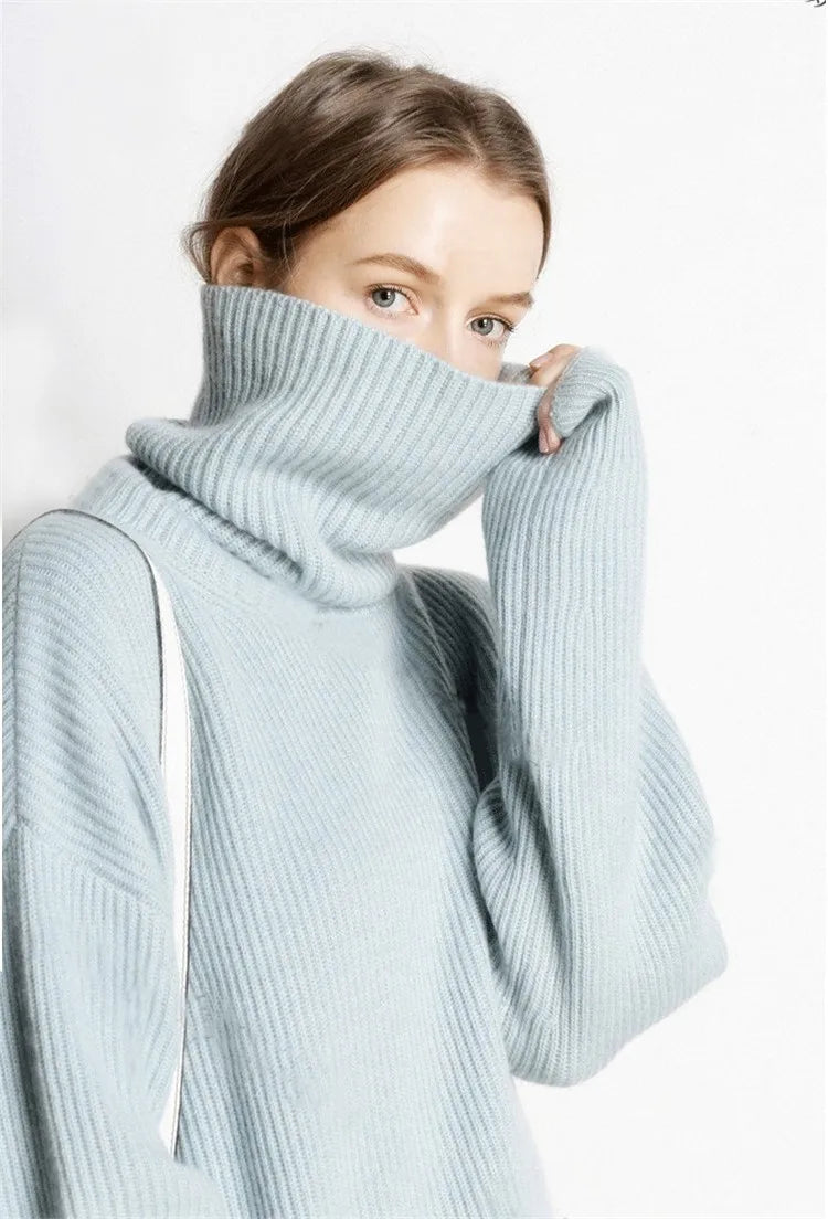 DY Wool Women's Sweater Autumn Winter Warm Turtlenecks Casual Loose Oversized Lady Sweaters Knitted Pullover Top Pull Femme