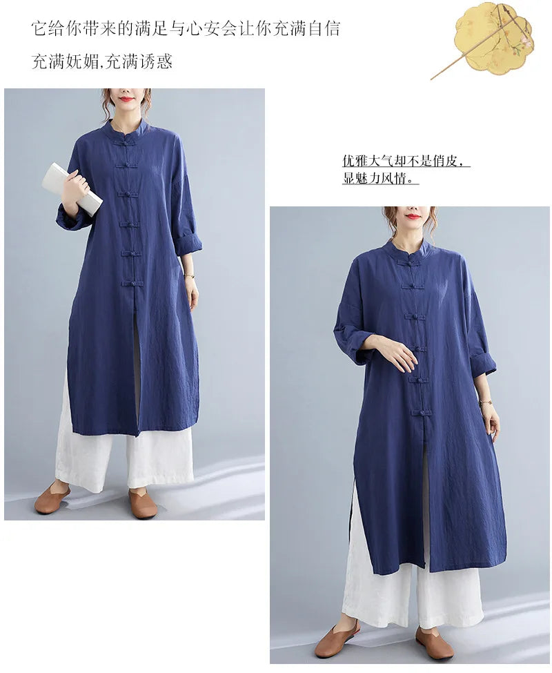 Traditional Chinese Clothing for Women Spring Autumn Cotton Long Sleeve Single-breasted Loose Top Meditation Tea Clothes