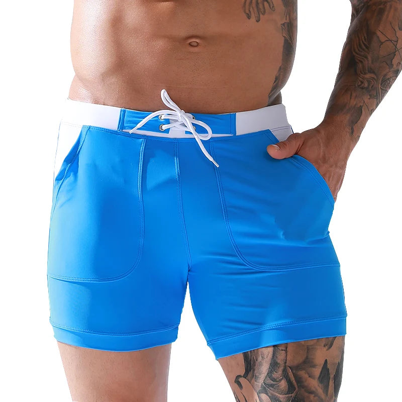 Men Stretch Swim Trunks Quick Dry Swimwear Swimsuits Beach Shorts with Pockets Surf Bathing Suit Water Sports Pants