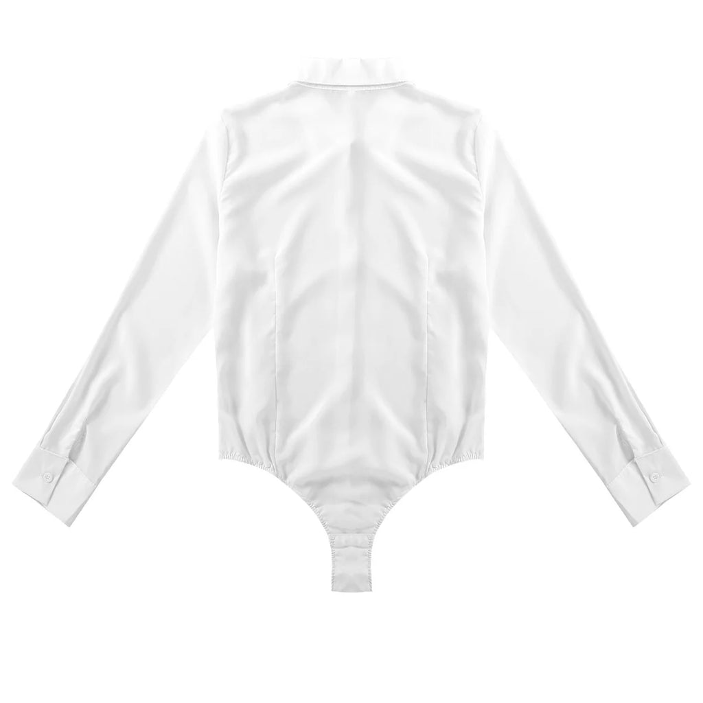 Women Office Lady Work White Bodysuit Long Sleeve OL Shirt Leotard Women's Clothing Female Turn Down Collar Tops Body Blouse