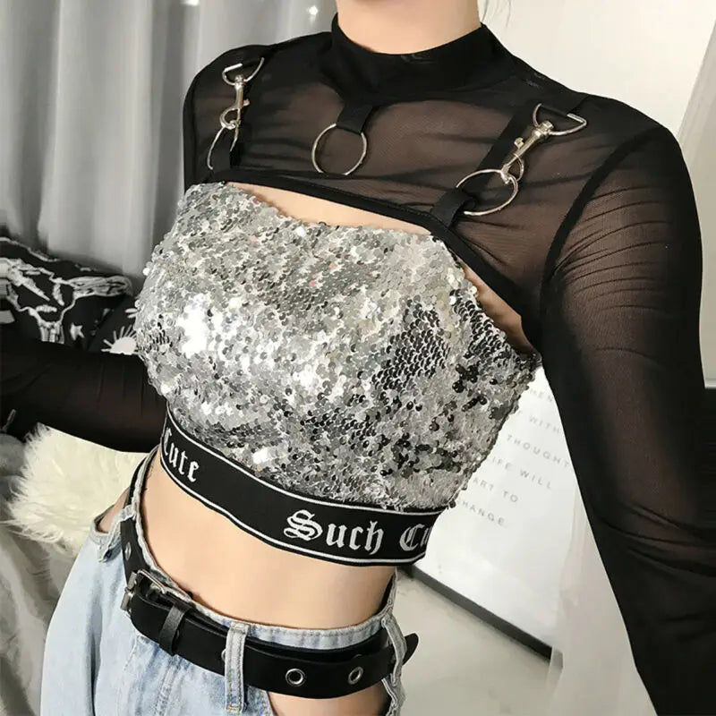 Summer Sexy Mesh See Through T-Shirts Black O-Neck Long Sleeve  Turtleneck Sheer Transparent Short Crop Tops Sexy Club Party Top