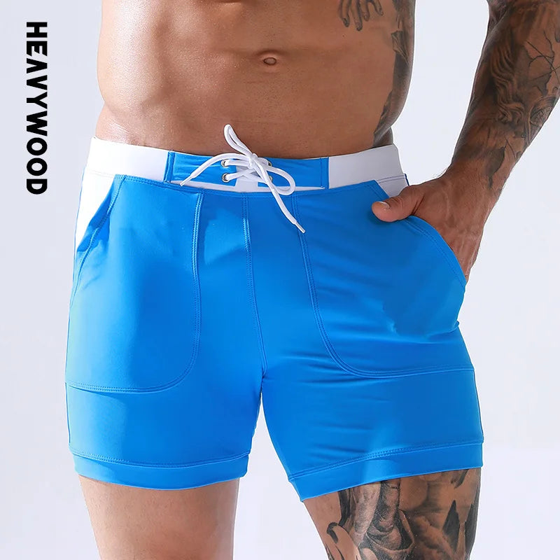Men Stretch Swim Trunks Quick Dry Swimwear Swimsuits Beach Shorts with Pockets Surf Bathing Suit Water Sports Pants