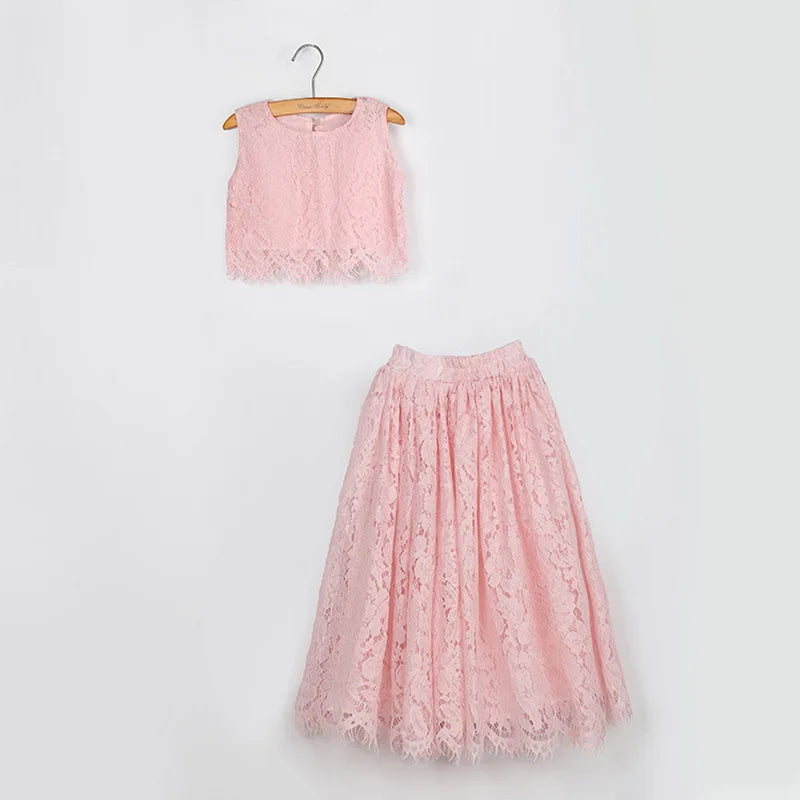 Children Set Clothing for Girls Half Sleeve Lace Top+Champagne Pink Long Skirt Kids Clothes 0-10T E17121