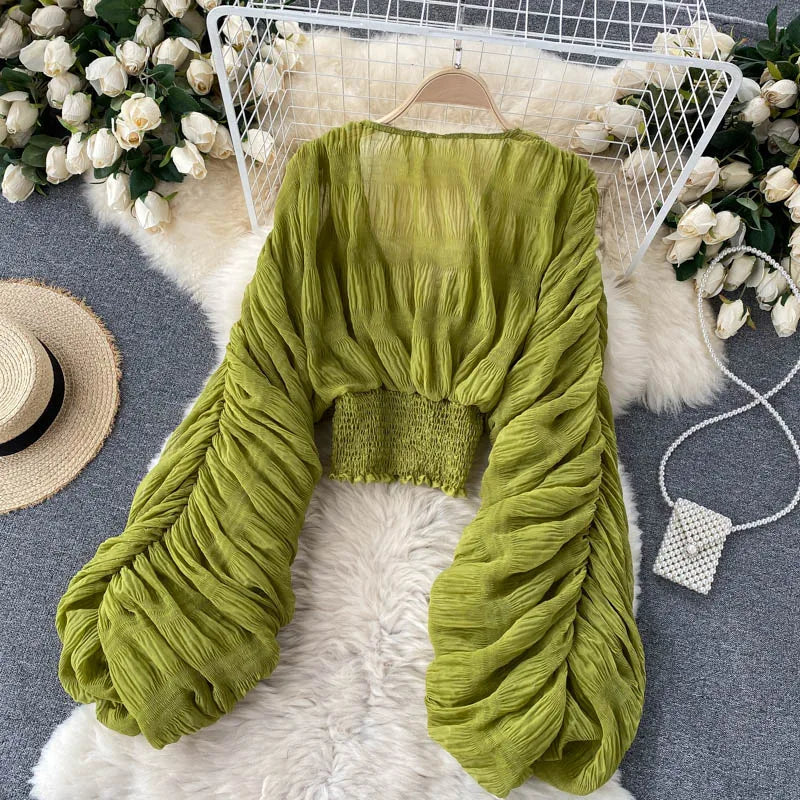 Summer Sexy Draped Chiffon Blouse For Women Elegant V-Neck Puff Long Sleeve Short Tops Female Slim Party Shirts 2022 New Fashion