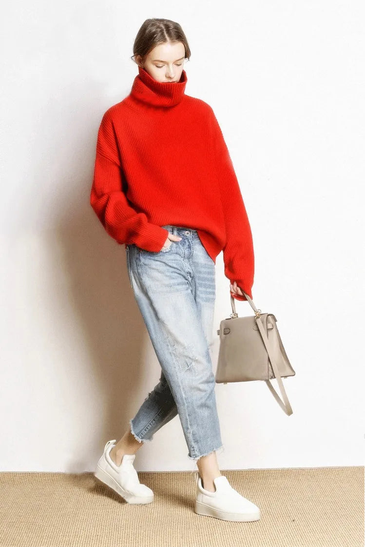 DY Wool Women's Sweater Autumn Winter Warm Turtlenecks Casual Loose Oversized Lady Sweaters Knitted Pullover Top Pull Femme