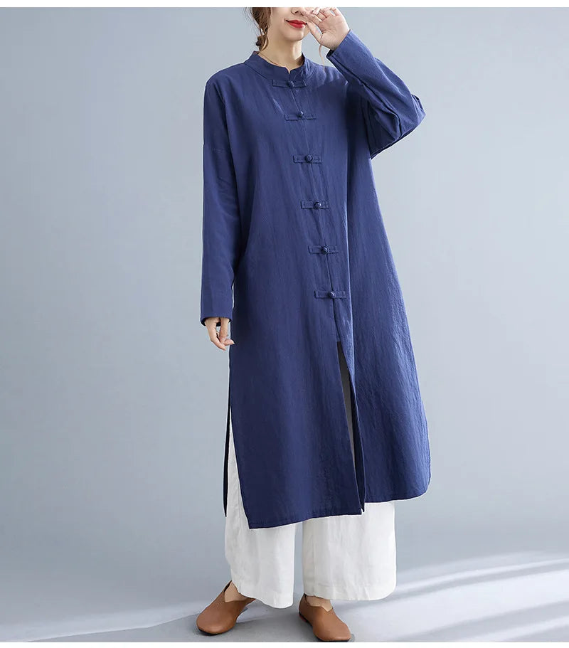 Traditional Chinese Clothing for Women Spring Autumn Cotton Long Sleeve Single-breasted Loose Top Meditation Tea Clothes