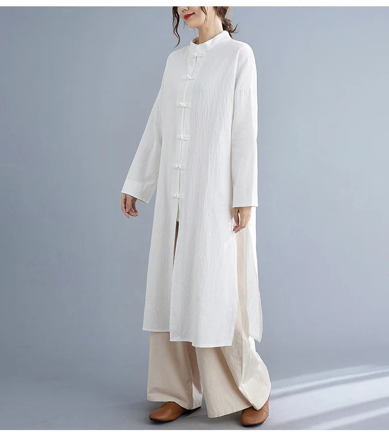 Traditional Chinese Clothing for Women Spring Autumn Cotton Long Sleeve Single-breasted Loose Top Meditation Tea Clothes