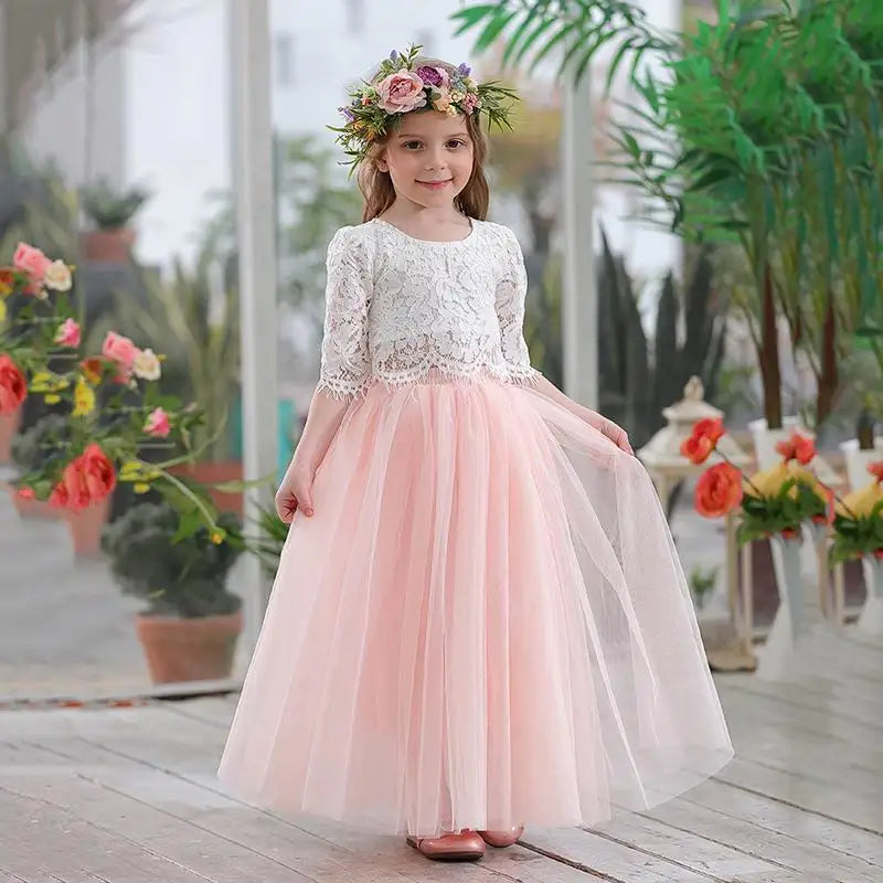 Children Set Clothing for Girls Half Sleeve Lace Top+Champagne Pink Long Skirt Kids Clothes 0-10T E17121