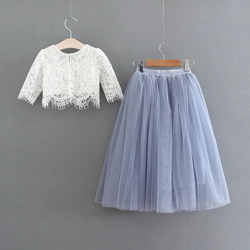 Children Set Clothing for Girls Half Sleeve Lace Top+Champagne Pink Long Skirt Kids Clothes 0-10T E17121