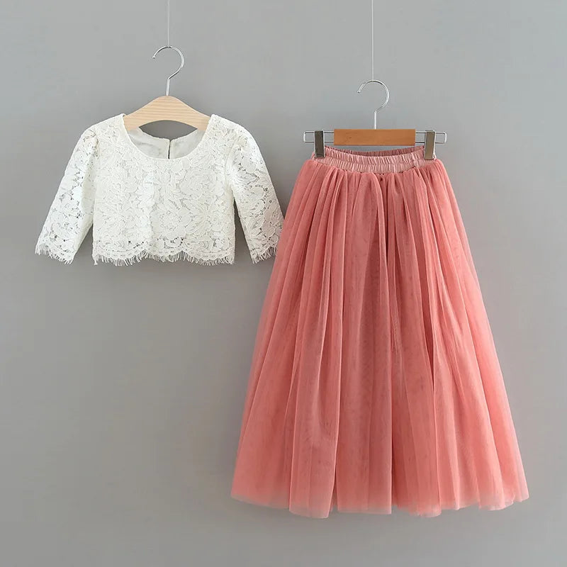 Children Set Clothing for Girls Half Sleeve Lace Top+Champagne Pink Long Skirt Kids Clothes 0-10T E17121