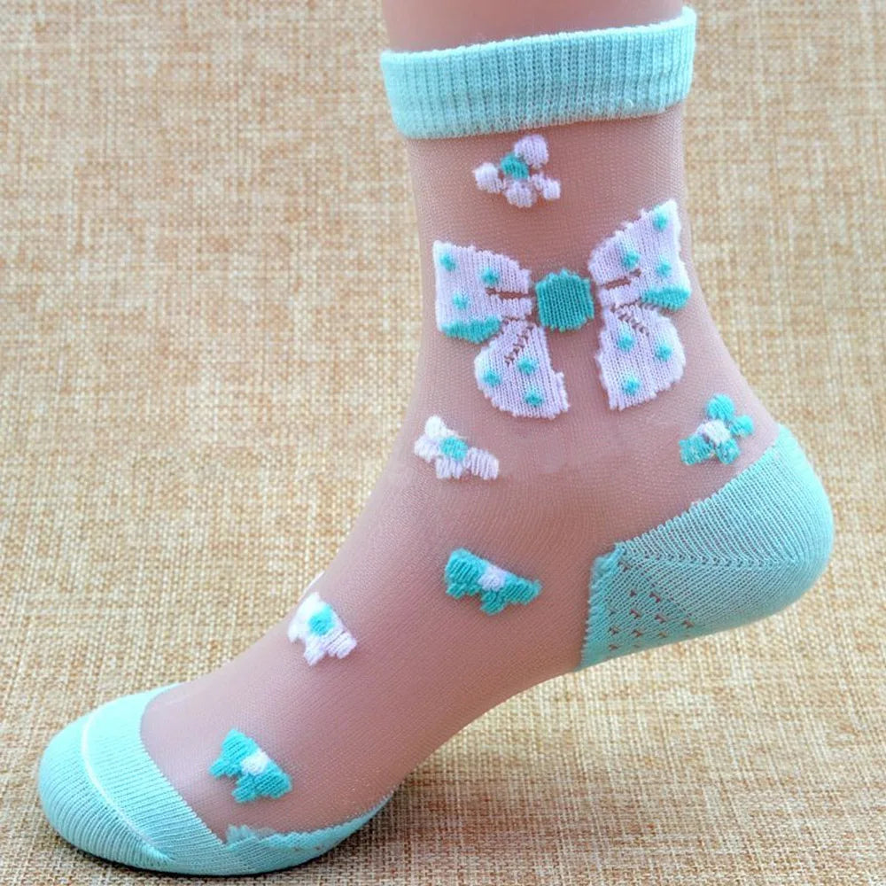 4 Pairs Girls Socks 2024 New Summer Glass Silk Butterfly Strawberry Flower Lace Children Socks 0-11 Year Kids Socks For Girls