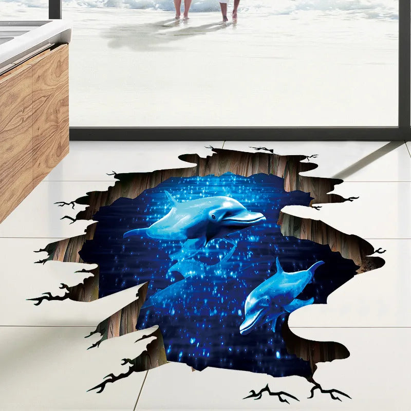 3D Dark Blue Dream Dolphin Floor Sticker Bathroom Living Room Floor Decoration Mural Wall Stickers Home Decor Decals Wallpaper