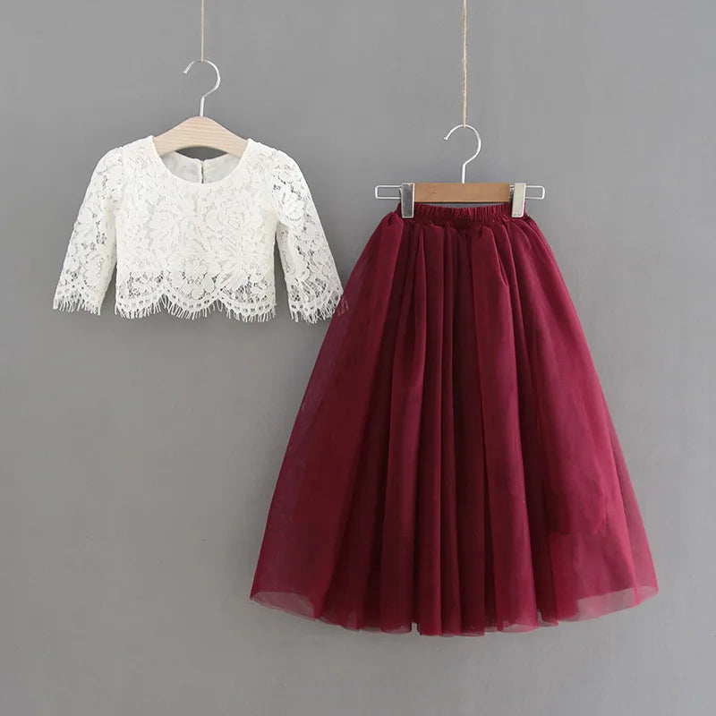 Children Set Clothing for Girls Half Sleeve Lace Top+Champagne Pink Long Skirt Kids Clothes 0-10T E17121