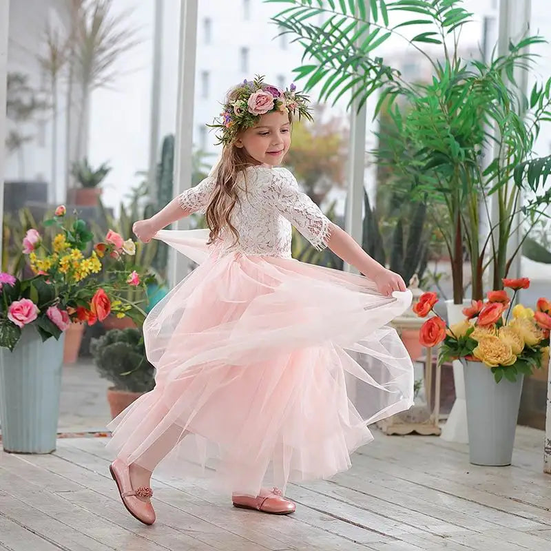 Children Set Clothing for Girls Half Sleeve Lace Top+Champagne Pink Long Skirt Kids Clothes 0-10T E17121