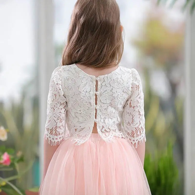 Children Set Clothing for Girls Half Sleeve Lace Top+Champagne Pink Long Skirt Kids Clothes 0-10T E17121