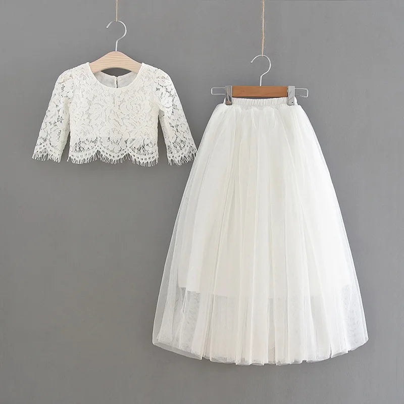 Children Set Clothing for Girls Half Sleeve Lace Top+Champagne Pink Long Skirt Kids Clothes 0-10T E17121