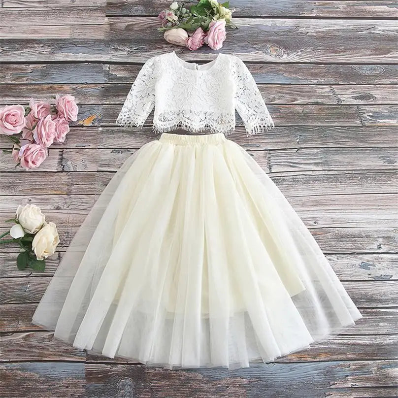 Children Set Clothing for Girls Half Sleeve Lace Top+Champagne Pink Long Skirt Kids Clothes 0-10T E17121