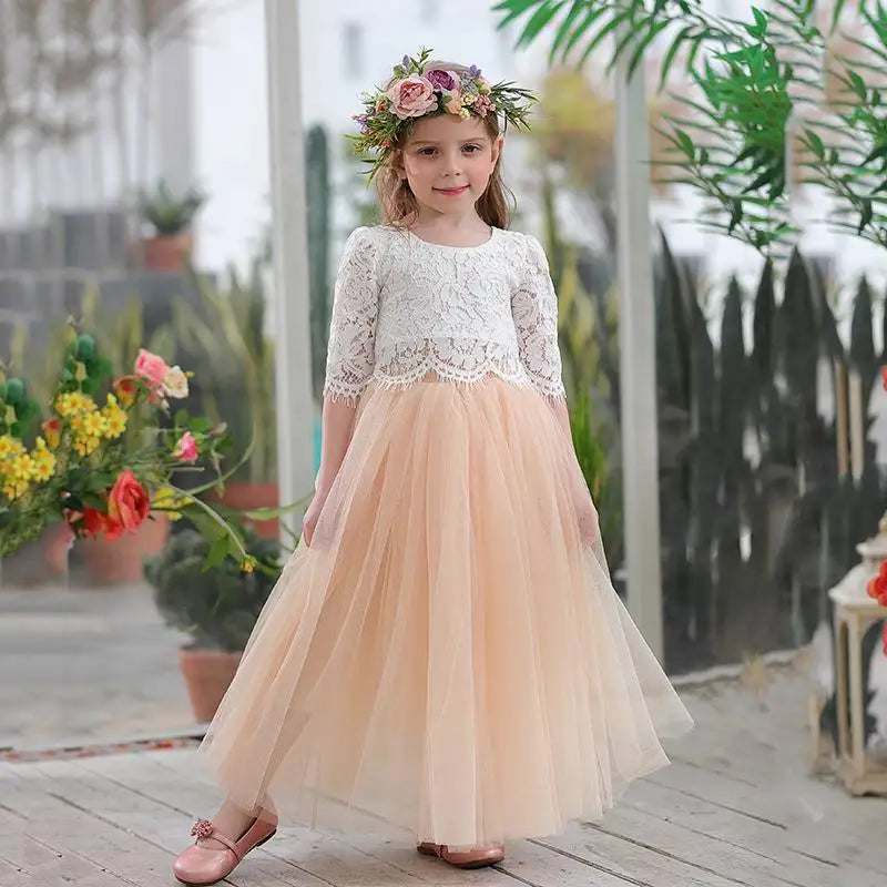 Children Set Clothing for Girls Half Sleeve Lace Top+Champagne Pink Long Skirt Kids Clothes 0-10T E17121