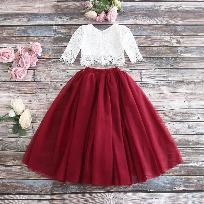 Children Set Clothing for Girls Half Sleeve Lace Top+Champagne Pink Long Skirt Kids Clothes 0-10T E17121