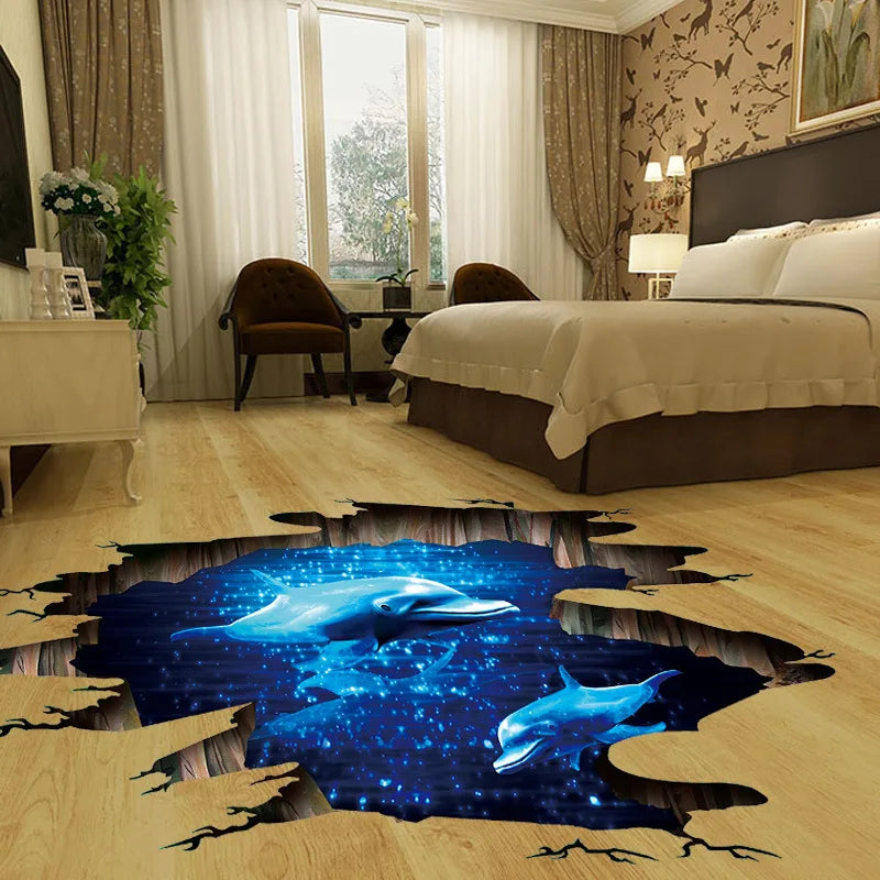 3D Dark Blue Dream Dolphin Floor Sticker Bathroom Living Room Floor Decoration Mural Wall Stickers Home Decor Decals Wallpaper