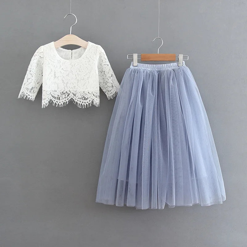 Children Set Clothing for Girls Half Sleeve Lace Top+Champagne Pink Long Skirt Kids Clothes 0-10T E17121