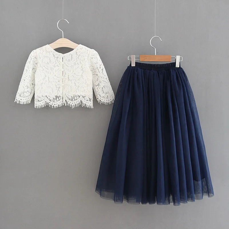 Children Set Clothing for Girls Half Sleeve Lace Top+Champagne Pink Long Skirt Kids Clothes 0-10T E17121