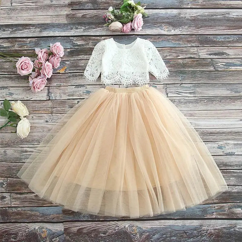 Children Set Clothing for Girls Half Sleeve Lace Top+Champagne Pink Long Skirt Kids Clothes 0-10T E17121