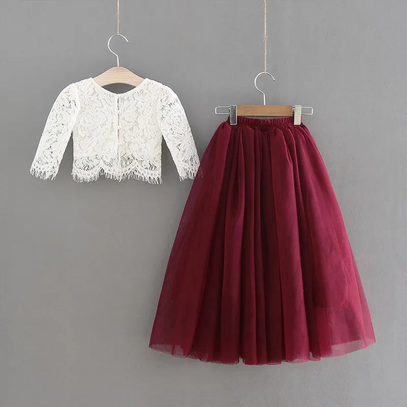Children Set Clothing for Girls Half Sleeve Lace Top+Champagne Pink Long Skirt Kids Clothes 0-10T E17121
