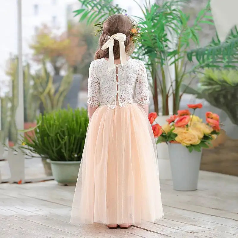 Children Set Clothing for Girls Half Sleeve Lace Top+Champagne Pink Long Skirt Kids Clothes 0-10T E17121