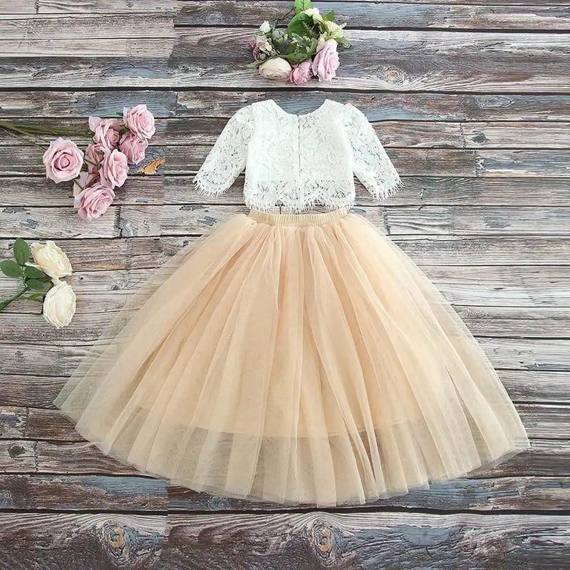 Children Set Clothing for Girls Half Sleeve Lace Top+Champagne Pink Long Skirt Kids Clothes 0-10T E17121