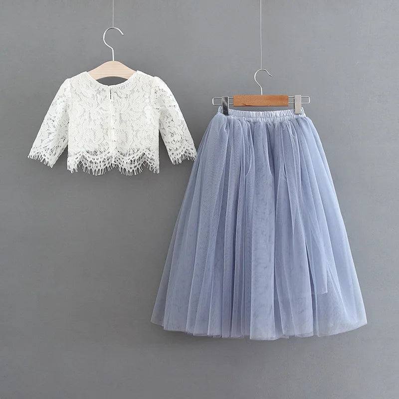 Children Set Clothing for Girls Half Sleeve Lace Top+Champagne Pink Long Skirt Kids Clothes 0-10T E17121