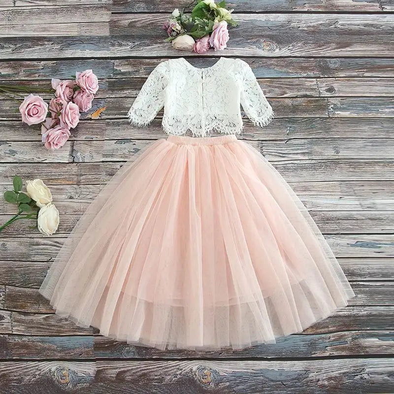 Children Set Clothing for Girls Half Sleeve Lace Top+Champagne Pink Long Skirt Kids Clothes 0-10T E17121