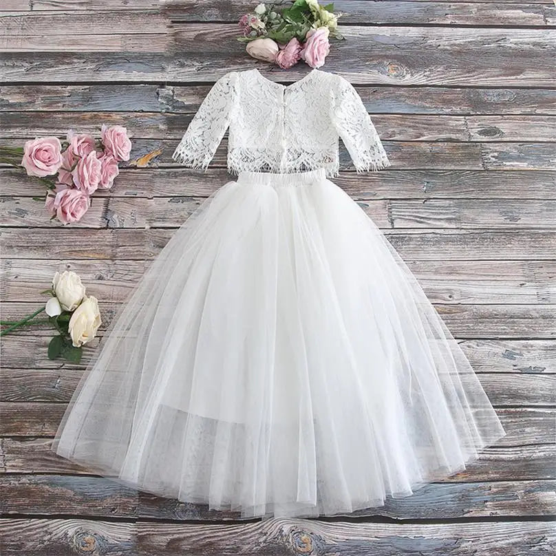 Children Set Clothing for Girls Half Sleeve Lace Top+Champagne Pink Long Skirt Kids Clothes 0-10T E17121