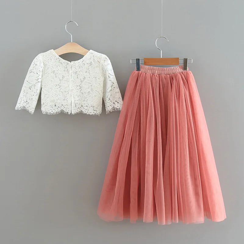 Children Set Clothing for Girls Half Sleeve Lace Top+Champagne Pink Long Skirt Kids Clothes 0-10T E17121