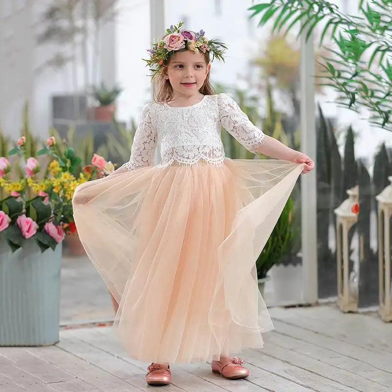 Children Set Clothing for Girls Half Sleeve Lace Top+Champagne Pink Long Skirt Kids Clothes 0-10T E17121